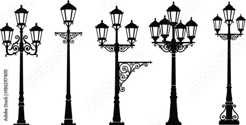Vintage ornamental street lamp silhouettes set isolated on white background, classic European lantern designs for urban outdoor lighting