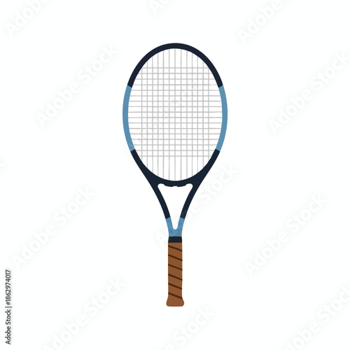 A blue and black tennis racket with a brown handle, positioned vertically
