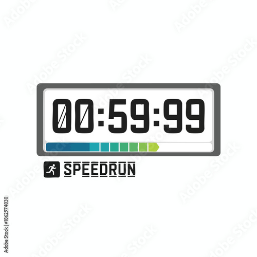 Digital timer displays a speedrun time and a progress bar, logo at the bottom
