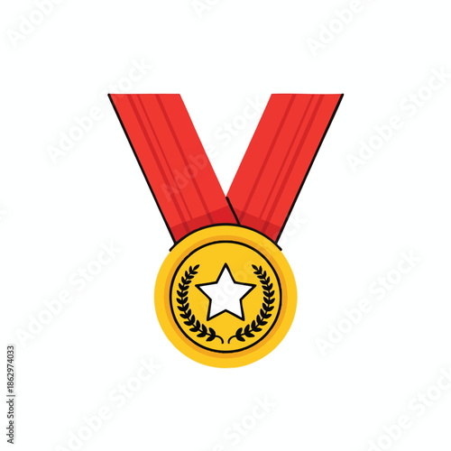 A gold medal with a star and laurel wreath on a red ribbon