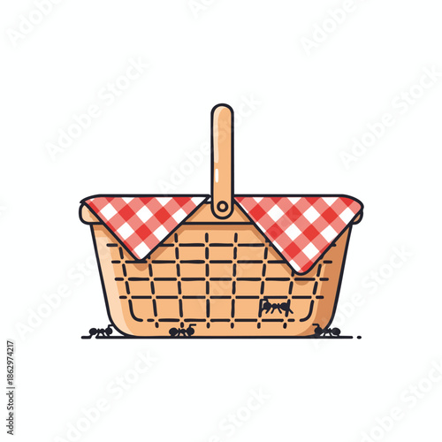A picnic basket with a red and white checkered cloth lid, and ants are crawling around it