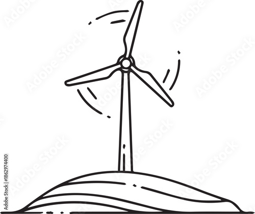 Wind turbine on a hill icon illustration for renewable energy and sustainable environment line art vector.