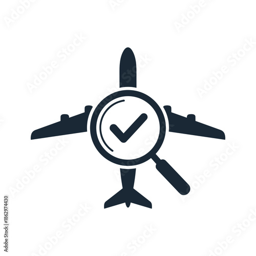 Airplane inspection with magnifying glass and checkmark