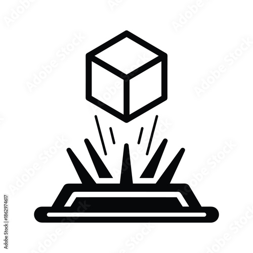 Cube levitating above a platform with explosion