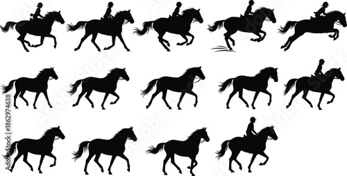 horse, horses, riding, rider, equestrian, gallop, galloping, race, racing, motion, animal, mammal, sport, silhouette, icon, vector, illustration, black, white, collection