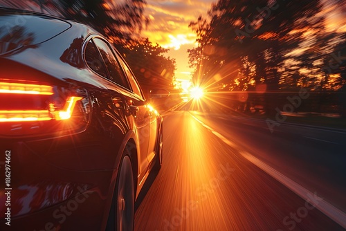 Car driving on a road at sunset with taillights illuminated Photo
