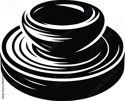 A black and white illustration of a stacked cylindrical inkwell design