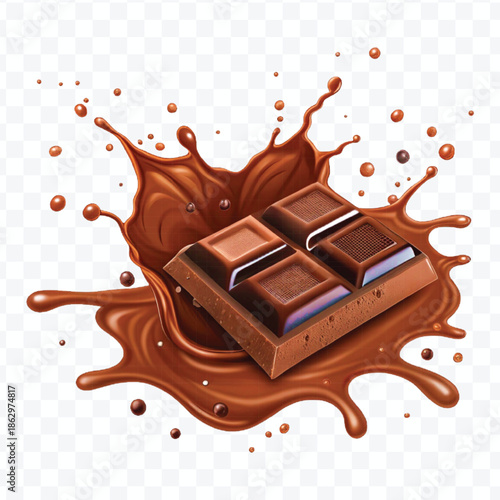 realistic 3d  dark chocolate bar with chocolate cream splash in different  style isolated on transparent background	
