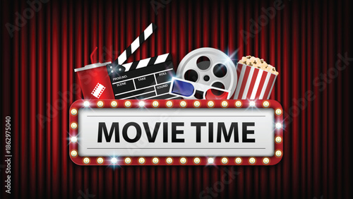 Movie time cinema icon with film reel and popcorn