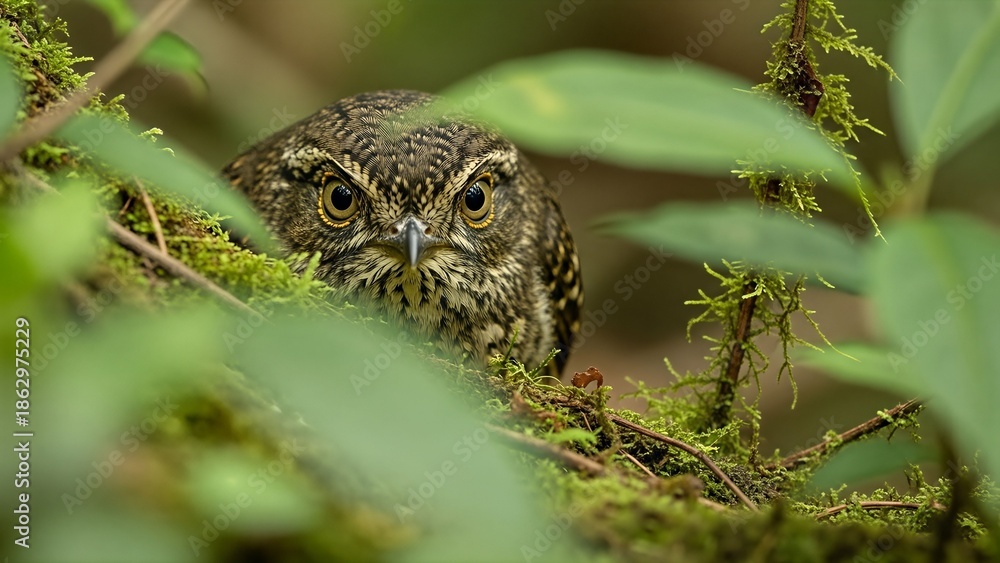 Fototapeta premium Close up of an owl peeking through lush green foliage in natural habitat Marine Endangered Species Photos