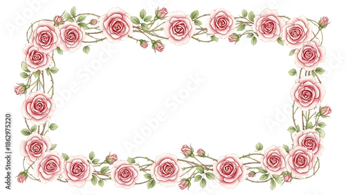 Delicate rose border frame isolated on transparent background