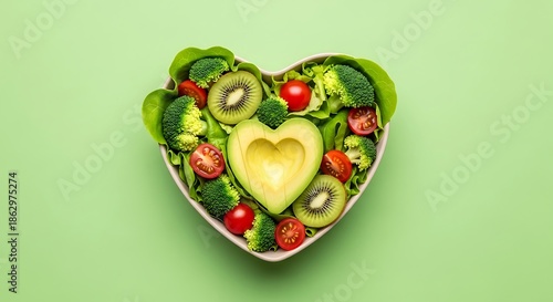 Heart shaped salad with fresh fruits and vegetables for healthy eating