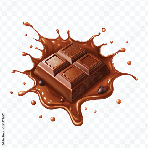 realistic 3d  dark chocolate bar with chocolate cream splash in different  style isolated on transparent background	
