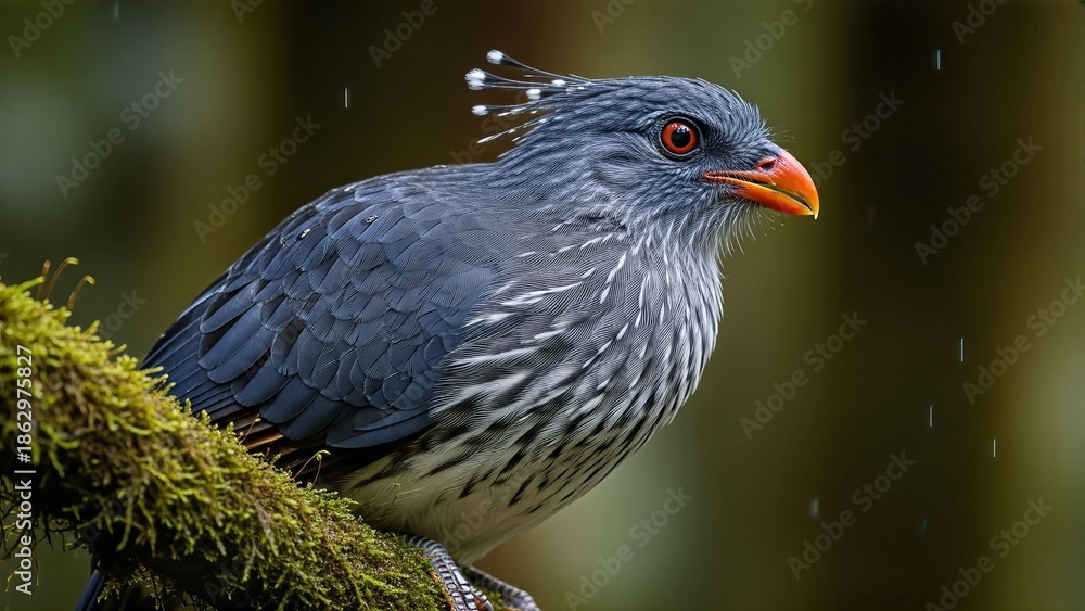 Obraz premium Close up of a Black and White Bird with Bright Beak on Mossy Tree Branch Marine Endangered Species Photos