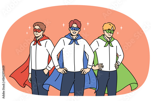 Team of business people in superhero masks and capes are ready to provide consulting services for corporations. Team of cool managers from consulting company smile standing in confident pose