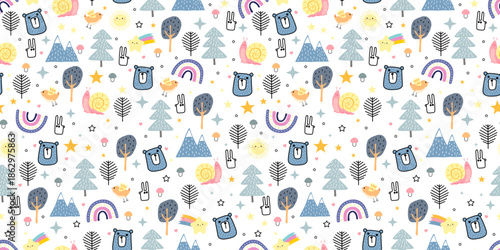 Fun childrens seamless pattern. Bear, hare, rainbow, forest and snail. Landscape, environment, nature. Flat cartoon design. For wallpaper, textiles, packaging, background or website. Vector.