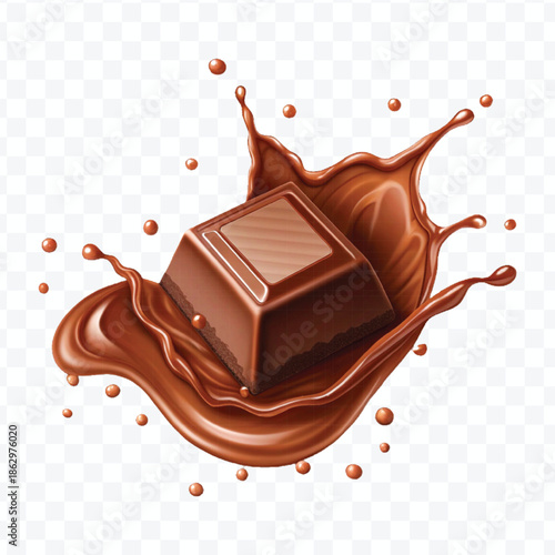 realistic 3d  dark chocolate bar with chocolate cream splash in different  style isolated on transparent background	
