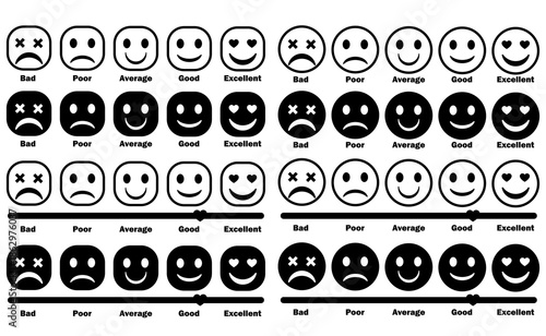  Rating emoji set showing bad to excellent feedback faces for surveys and review. Vector illustration 