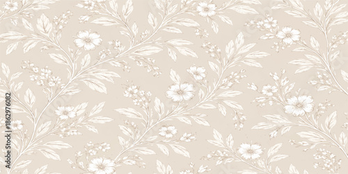 Seamless vintage floral vector pattern with leaves, branches, and flower illustration for fabric, wallpaper, or retro art decoration design