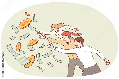 People are chasing cash, trying to make quick money, grabbing flying banknotes and coins. Women and men are in hurry to get more money from commercial activities or dividends from investments