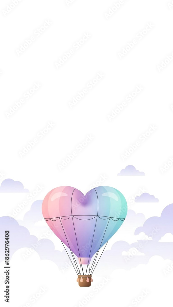 Fototapeta premium Romantic Heart-Shaped Hot Air Balloon Floating in a Pastel Cloudy Sky - Whimsical Vector Illustration for Valentine's Day