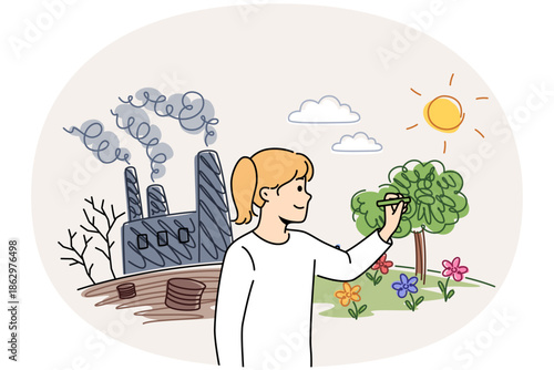 Little girl draws eco friendly nature near factory, who pollute environments and causes climate change. Child wants to see trees and flowers instead industrial buildings that pollute environments