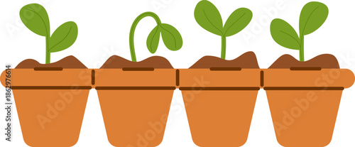 Seedlings in small pots for planting, young green sprouts in a row, gardening concept vector.
Four pots with young sprouts, one of which is slightly tilted. Perfect for farming, vegetable growing