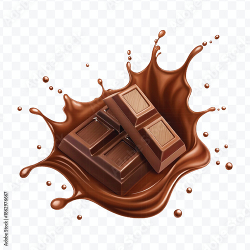 realistic 3d  dark chocolate bar with chocolate cream splash in different  style isolated on transparent background	
