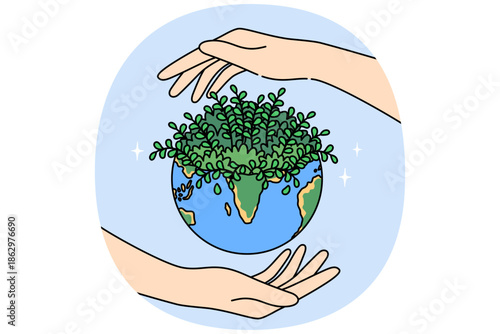 Planet earth and hands of people, caring about preserving environment or ecology of diversity causing plant growth. Ecology day concept to reduce CO2 emissions and combat climate change