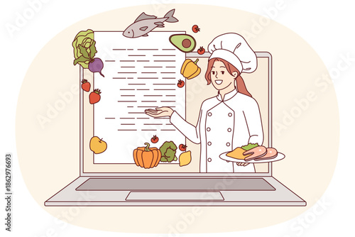 Online cooking course from woman chef looking out of laptop screen and recommending recipe. Culinary webinar is conducted by professional cook, talking about ingredients and methods of cooking dishes
