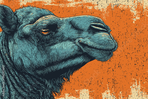 Detailed camel Head Illustration with Intricate Skin Texture and Horns