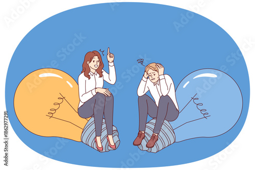 Woman discusses business idea with man who does not believe in potential of corporation, sitting on light bulbs. Ambitious girl came up with idea for development thanks to motivation and ambitions