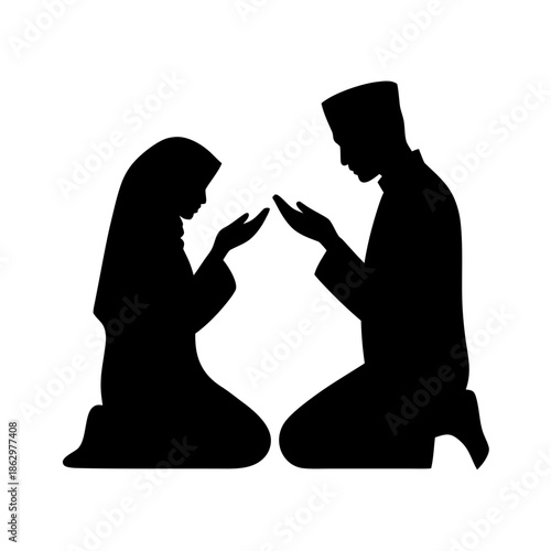 Vector illustration, icon of Muslim couple in the gesture of supplication dua during namaz prayer for design on the theme of Islamic family, Ramadan and spiritual unity.