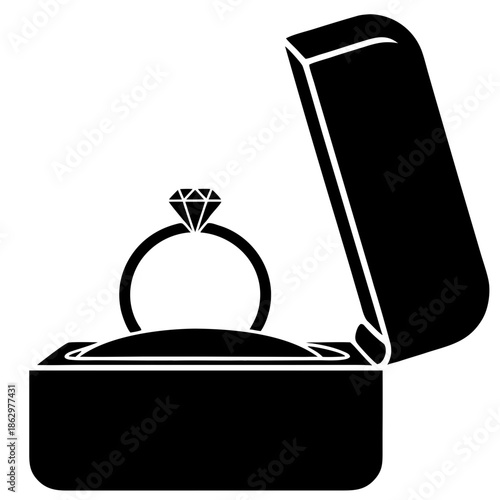 Vector illustration of diamond ring in open jewelry gift box , isolated on transparent background. Icon of jewelry box with ring.