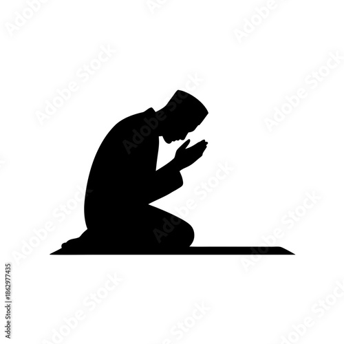 Vector illustration of a Muslim man silhouette in dua prayer gesture, sitting during namaz, isolated on transparent background for Islamic design, Ramadan, and religious graphics.