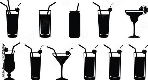 Black cocktail drink icons set isolated on white background, minimalist beverage glass silhouettes for bar, menu, party design inspiration vector
