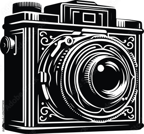 Vintage twin lens reflex camera illustration in black and white style