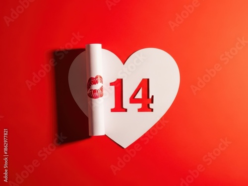 A white heart shaped card with a red number fourteen on valentines day background