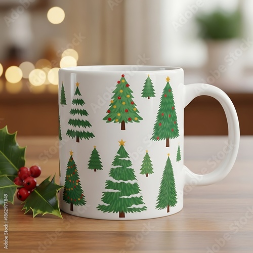 Festive Christmas Tree Mug on Wooden Table with Holly.