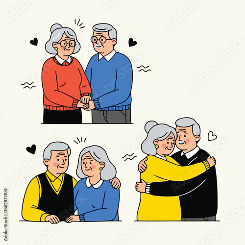 Heartwarming illustrations of senior couples celebrating enduring love and togetherness