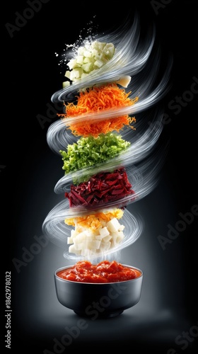 Colorful vegetables and sauces spin in midair above a black bowl in a kitchen setting during food preparation
