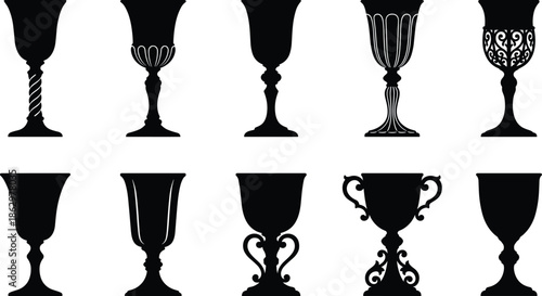 Black goblet and chalice silhouettes set isolated on white background, ornate drinkware icons vector collection for medieval fantasy design