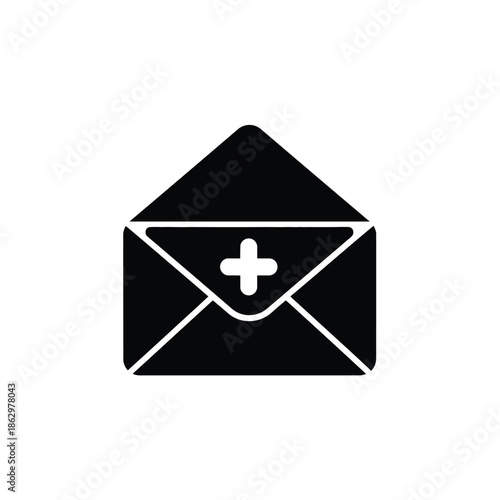 Black silhouette of an open envelope with a white plus symbol
