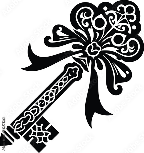 Intricate black and white illustration of an ornate vintage key with a bow