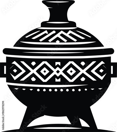 Elegant black and white illustration of a traditional ceramic pot with ornate designs