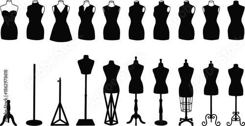Black dress mannequin silhouettes set isolated on white background, fashion tailoring sewing display forms icons vector collection for apparel design