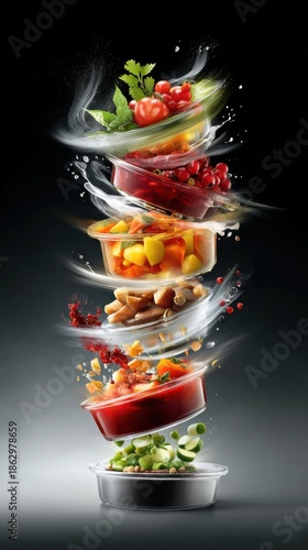 Food ingredients spin and blend in colorful containers against a dark background
