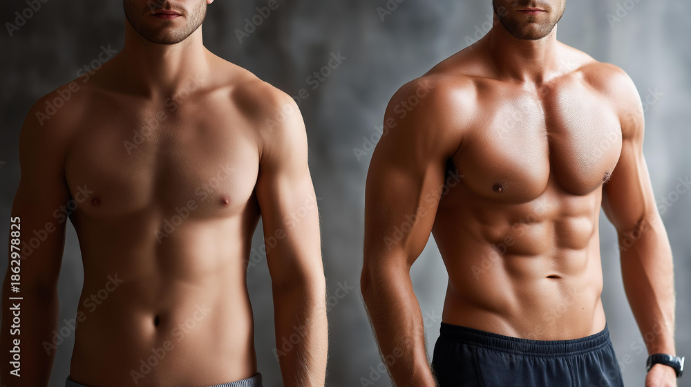 Fototapeta premium Mirror reflection showing faceless fit body transformation comparison, before and after concept, fitness journey visualization, body improvement progress, with copy space