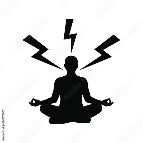 Black silhouette of person meditating with lightning bolts