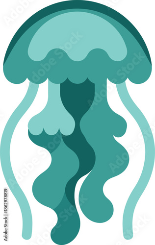 Stylized illustration of a blue and teal jellyfish with flowing tentacles
